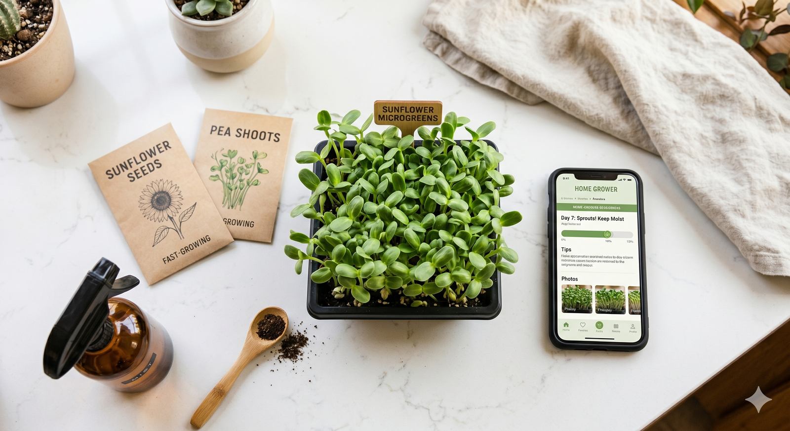 MicrogreenFX grow kit for beginners unboxed on kitchen counter