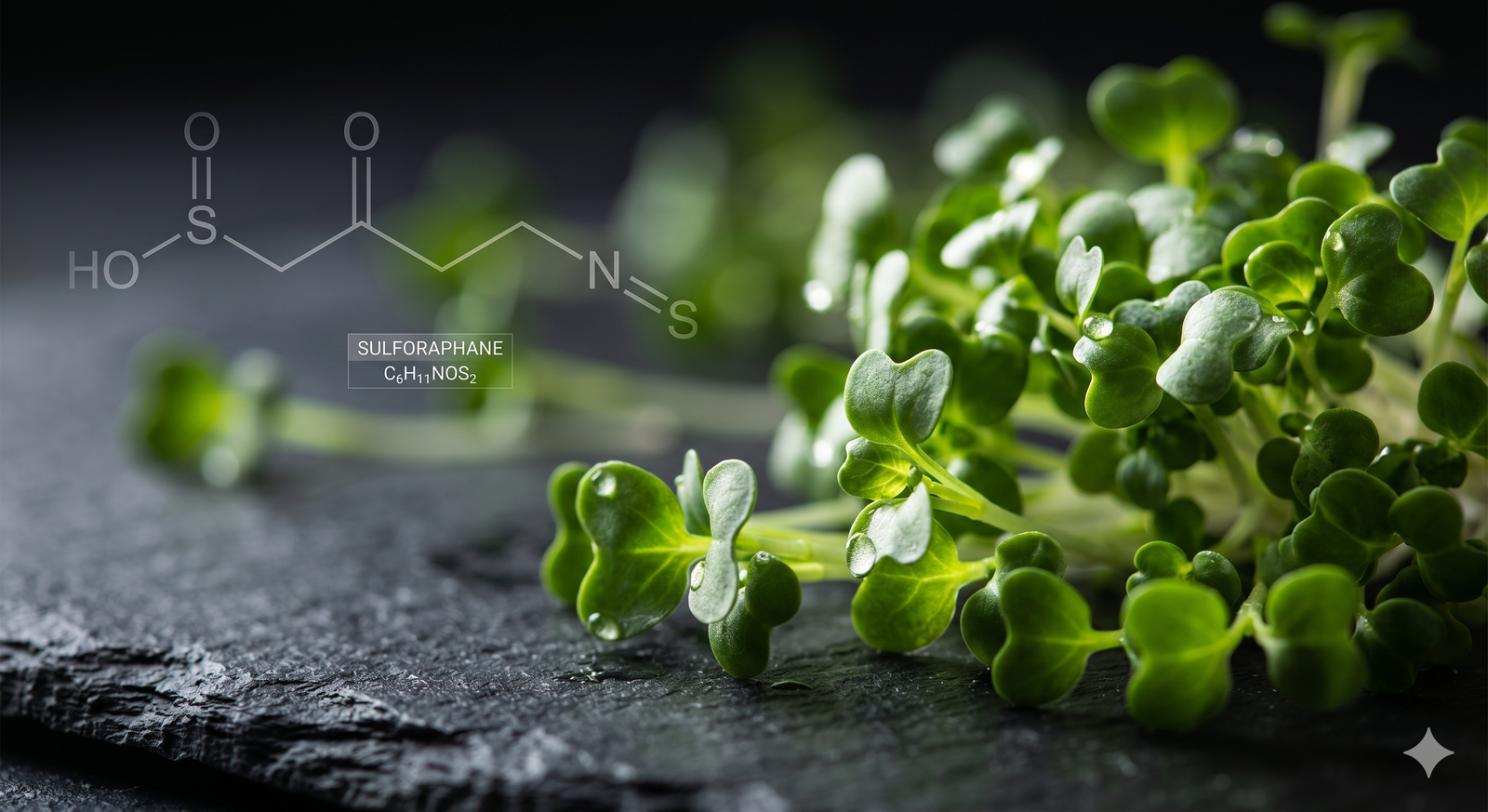 Broccoli microgreens with sulforaphane molecular visualization
