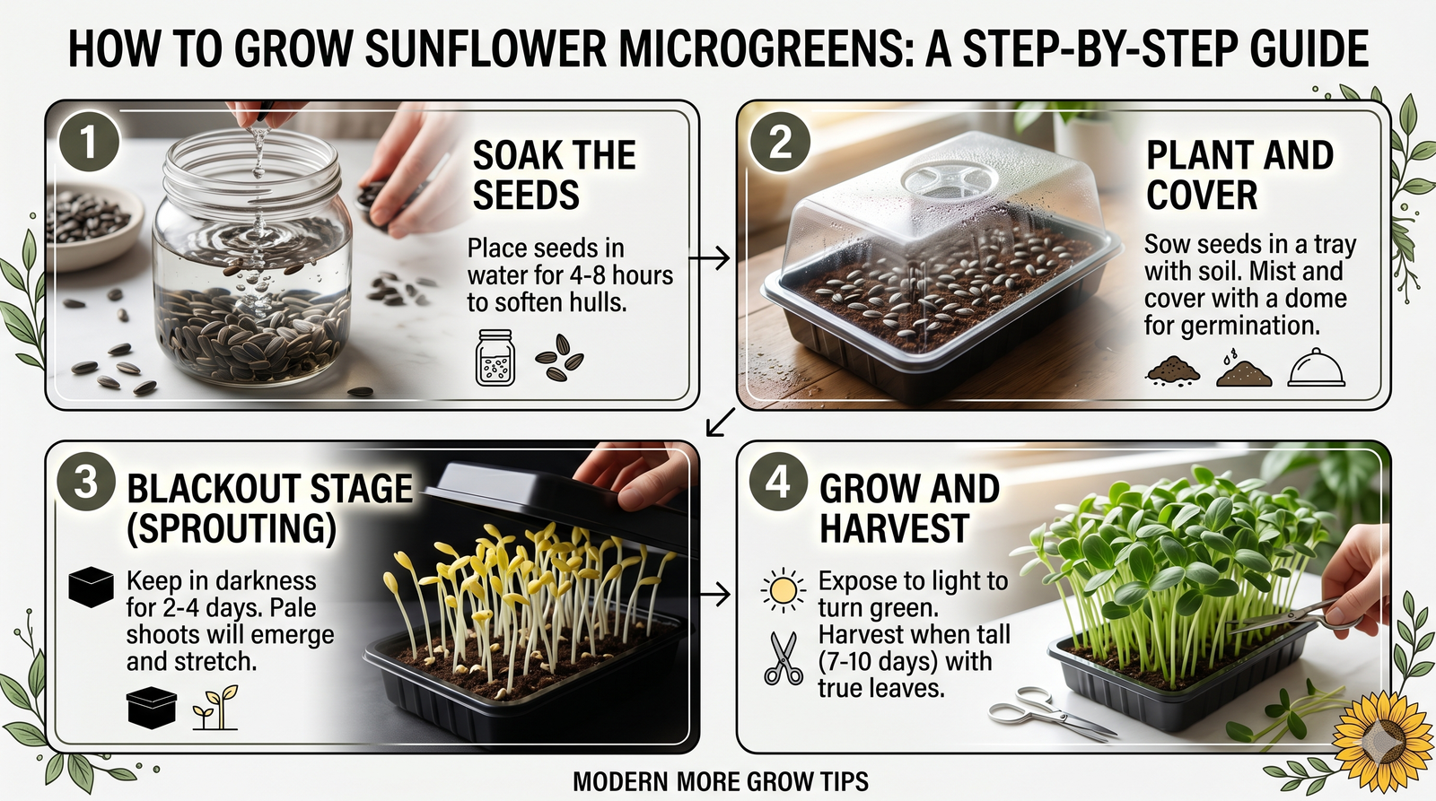 Sunflower microgreens growing stages step by step