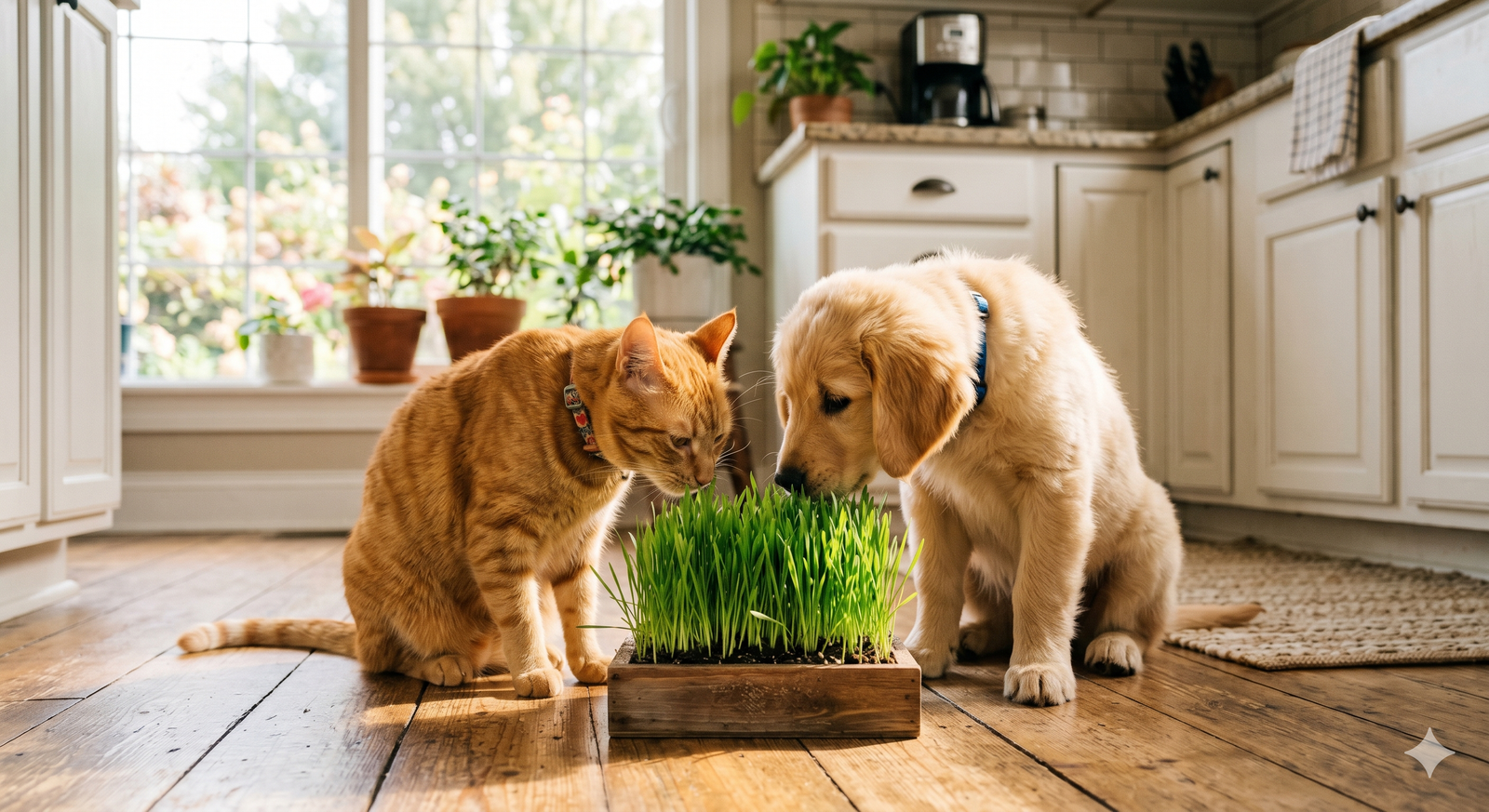 Puppy and cat with fresh pet grass microgreens