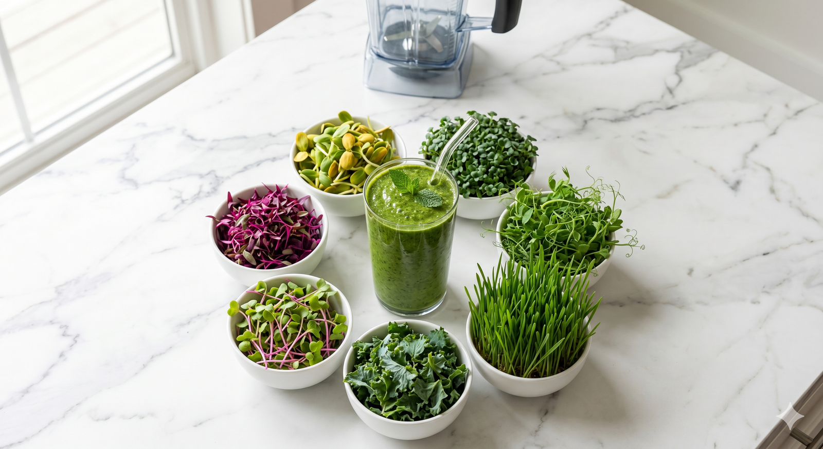 Seven microgreen varieties surrounding a green smoothie