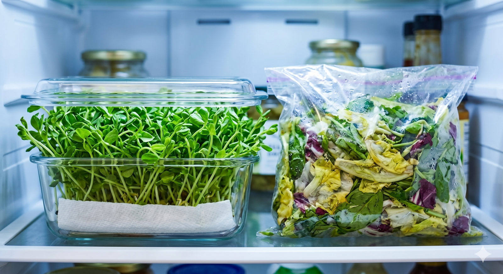 Fresh microgreens properly stored in refrigerator