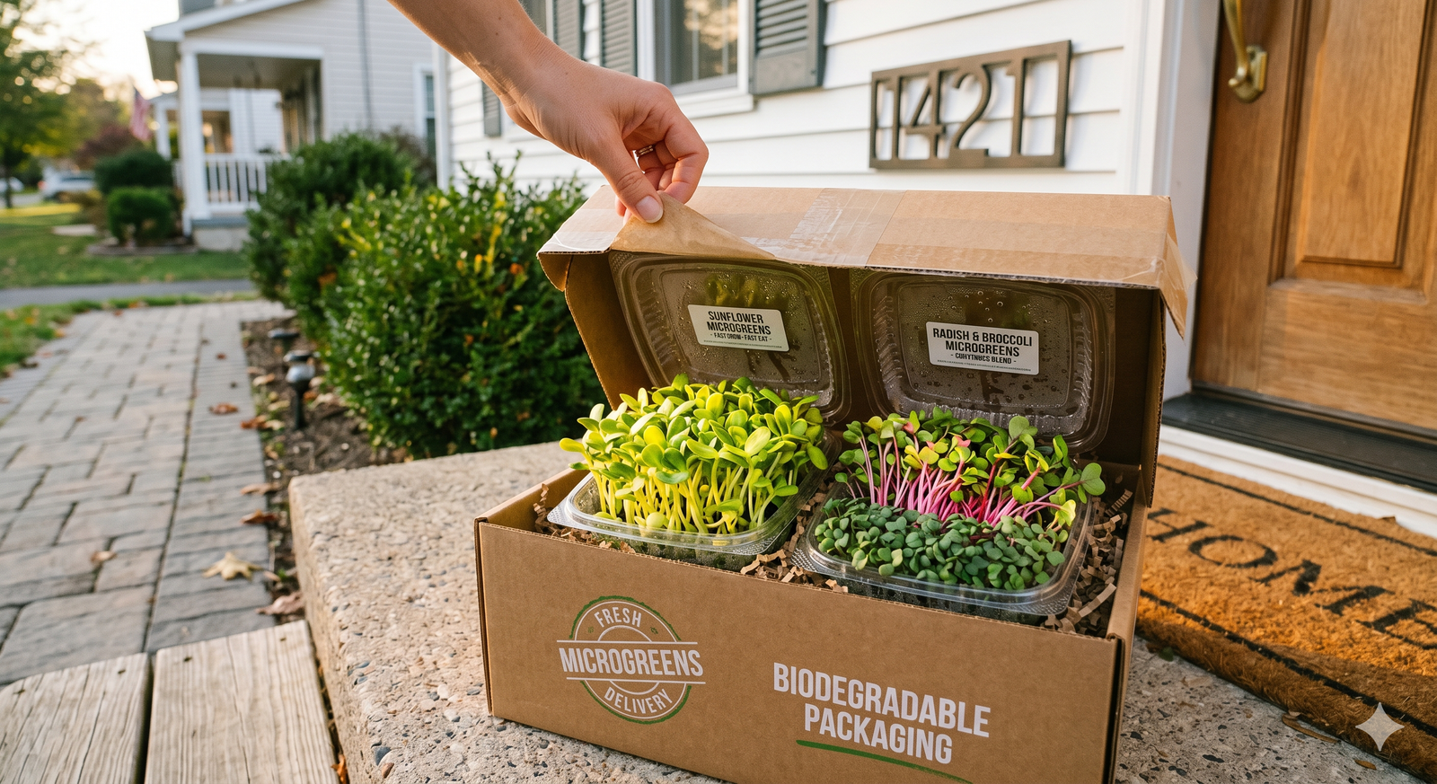 Fresh microgreens delivery box on doorstep