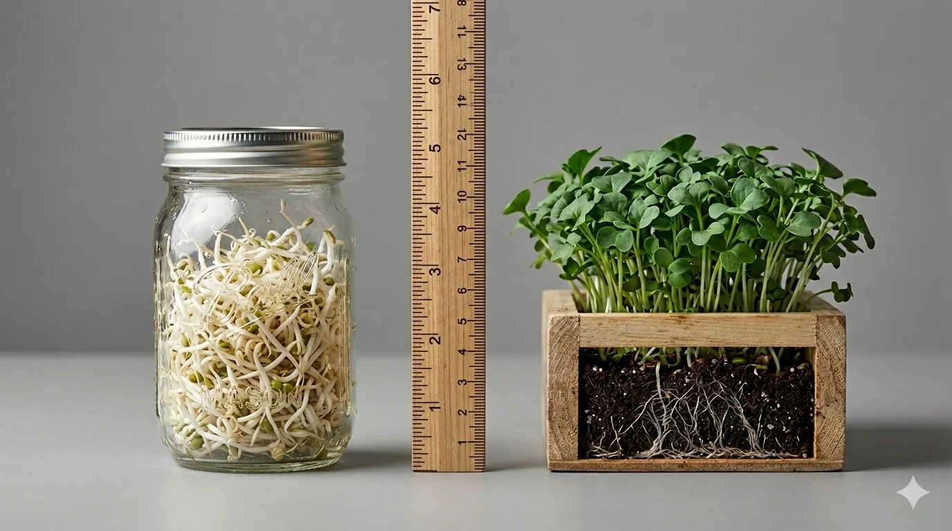 Microgreens compared side by side with sprouts