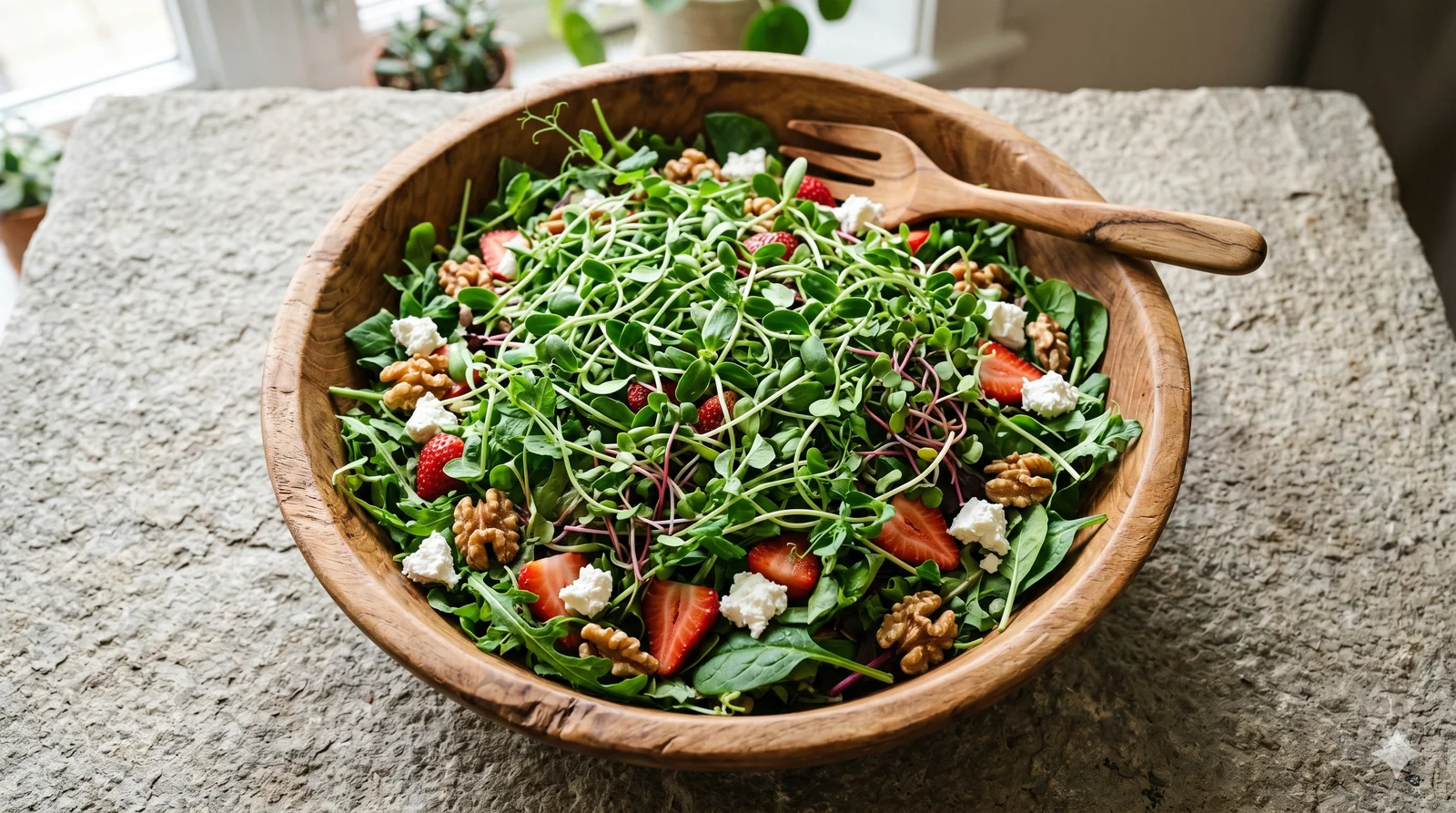 Fresh salad topped with colorful microgreens