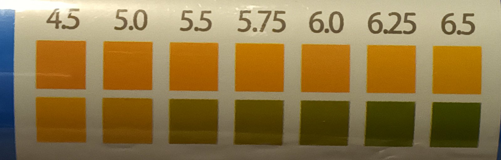 Soil pH test strip color key, range 4.5 to 6.5 — dual-color pattern reference