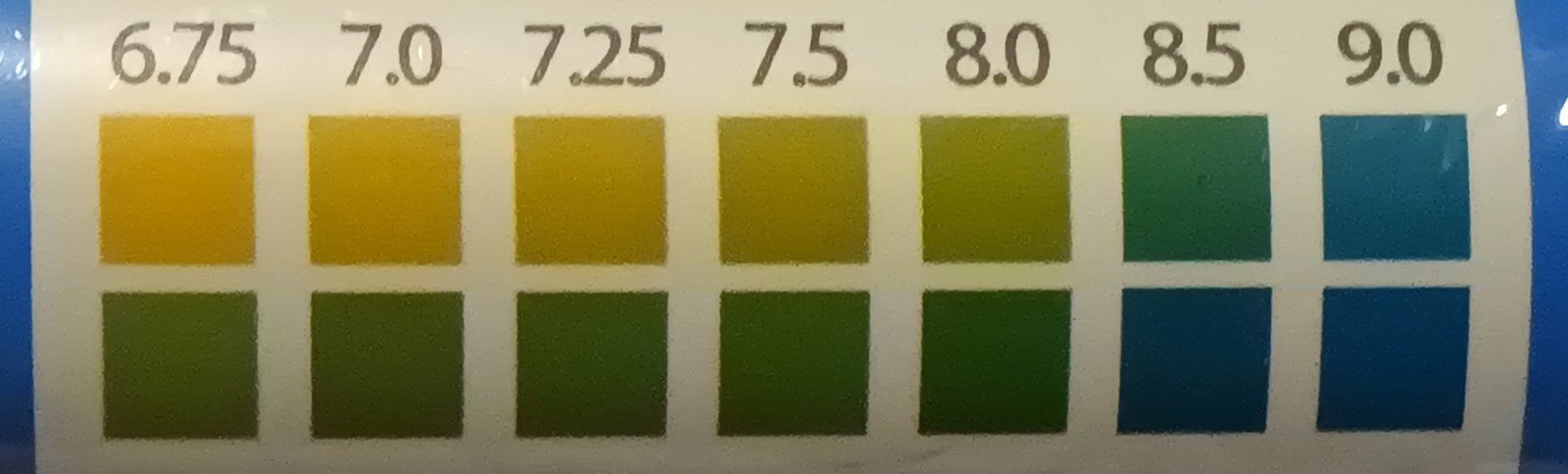 Soil pH test strip color key, range 6.75 to 9 — dual-color pattern reference